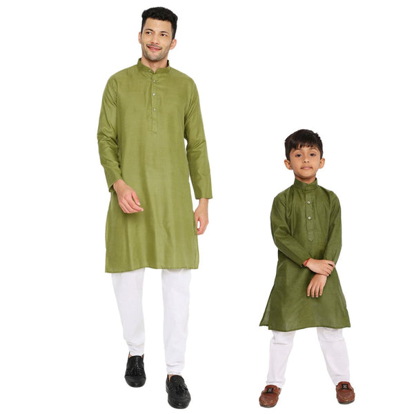 Father & Son Magic Cotton Kurta Set in Olive Green