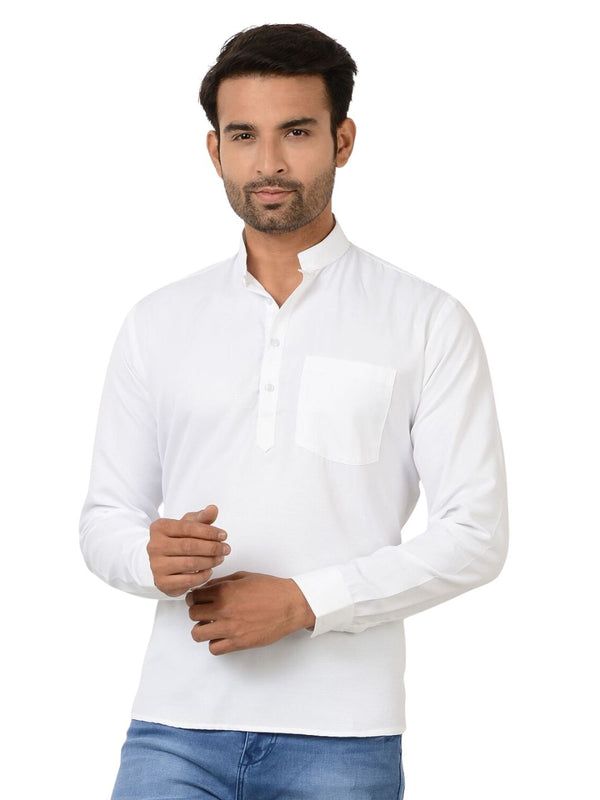 100% Pure Cotton Short Kurta in White with Self Design