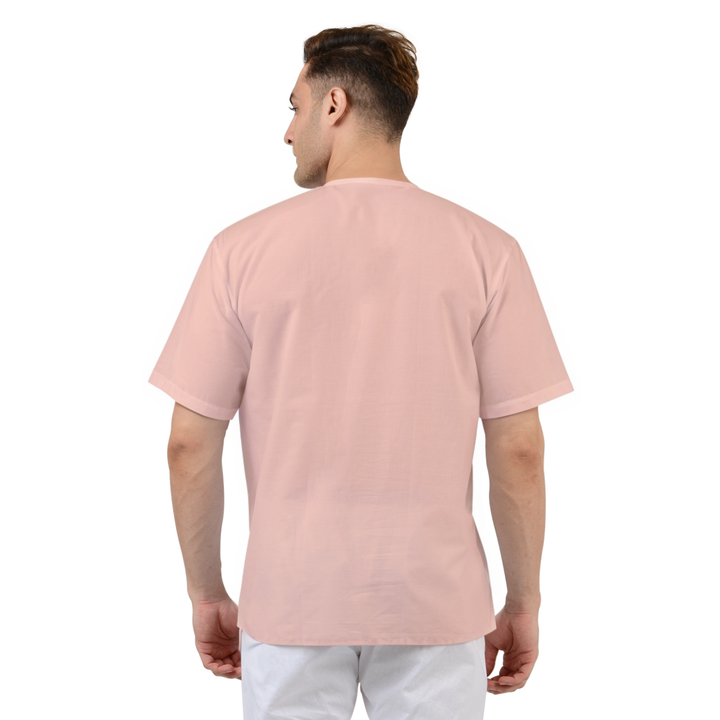 Back view of Peach Cotton Kurta for men, short-sleeved and lightweight, ideal for summer wear in traditional and casual settings.