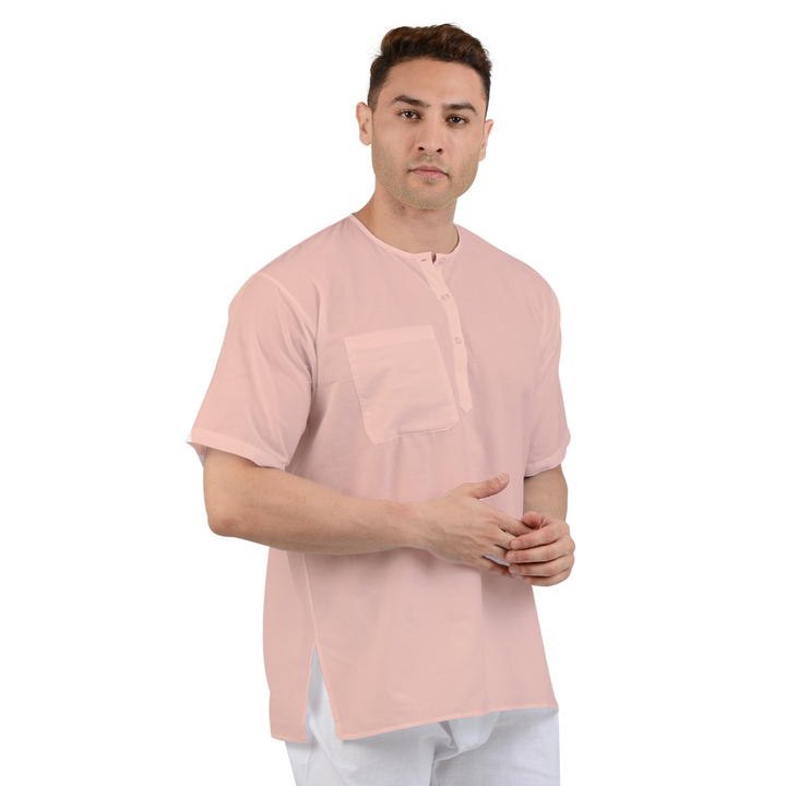 Peach Cotton Kurta - Summer Wear featuring a lightweight, breathable short-sleeve design with front pocket, ideal for traditional summer outfits.