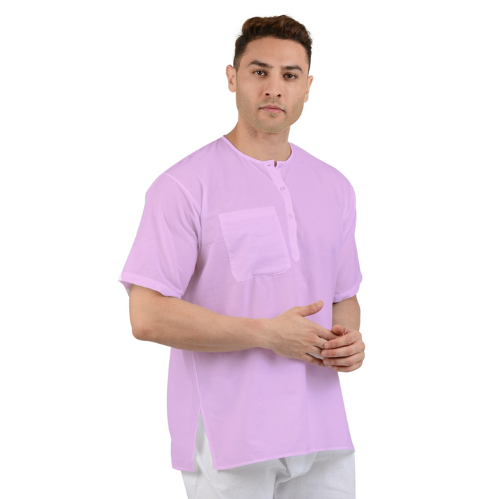 Pure Cotton Pink Kurta with short sleeves and front pocket, ideal for summer wear. Comfortable fit for casual or traditional occasions.
