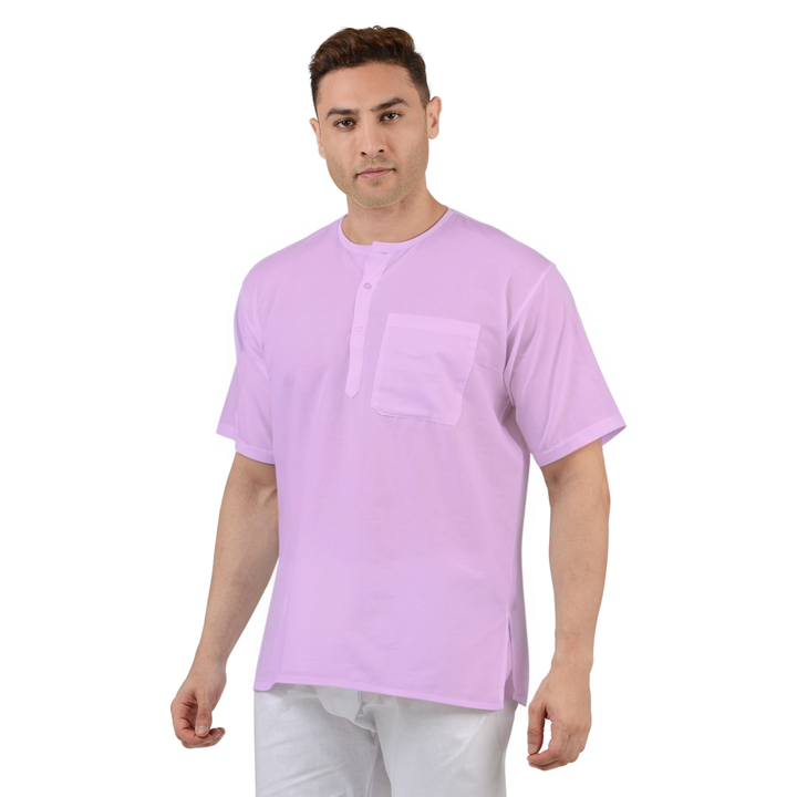 Pure Cotton Pink Kurta with short sleeves and chest pocket, ideal for summer wear. Comfortable fit for casual or traditional occasions.