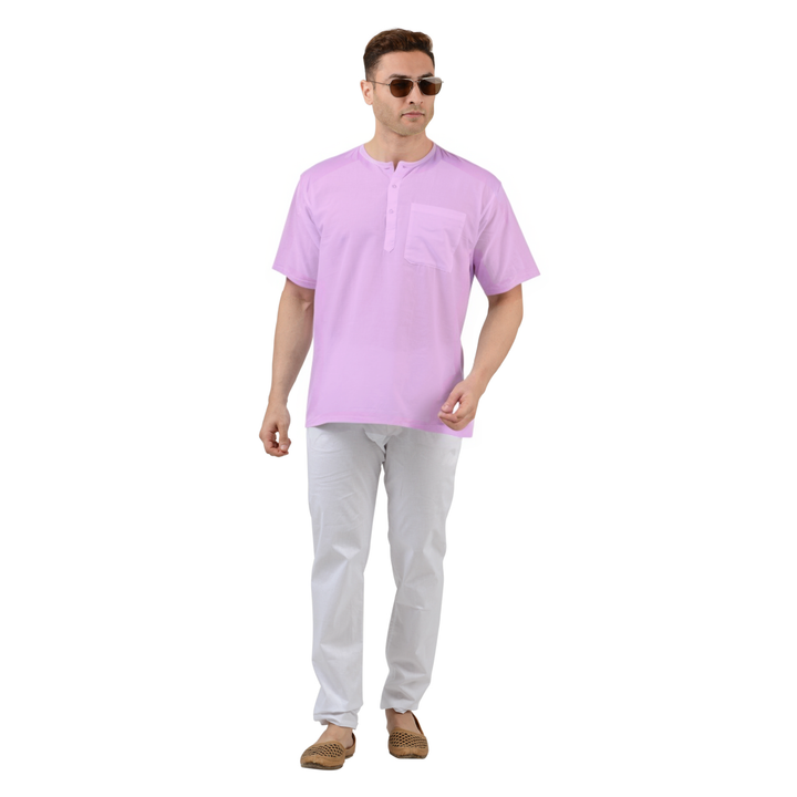 Pure Cotton Pink Kurta with short sleeves and front pocket, styled for men. Comfortable fit ideal for summer and casual traditional wear.
