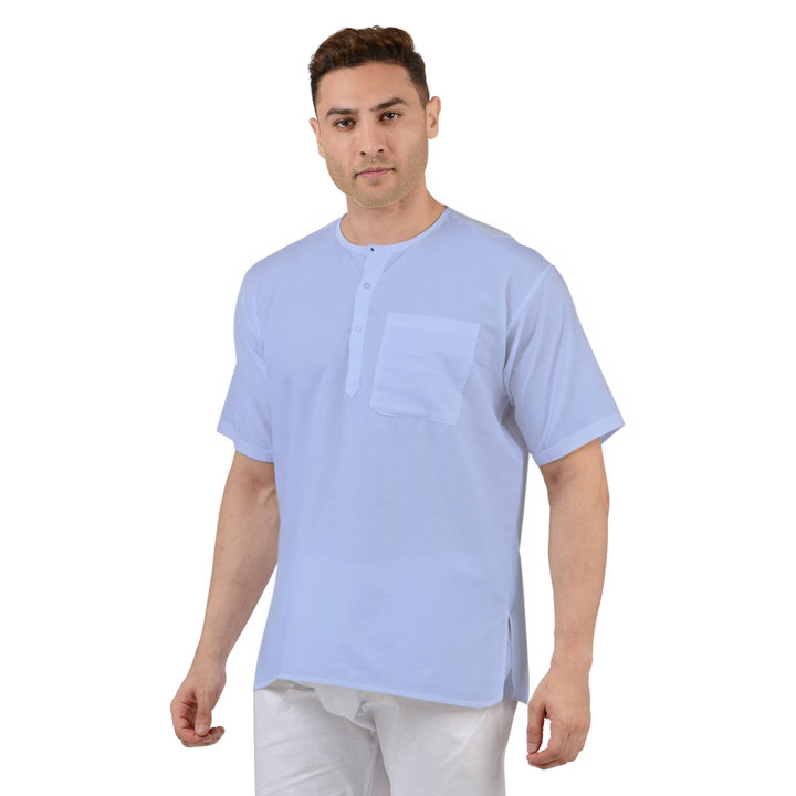 Front view of Maharaja Blue Kurta - Cotton Short Fit with round neckline and chest pocket, perfect for versatile summer wear.