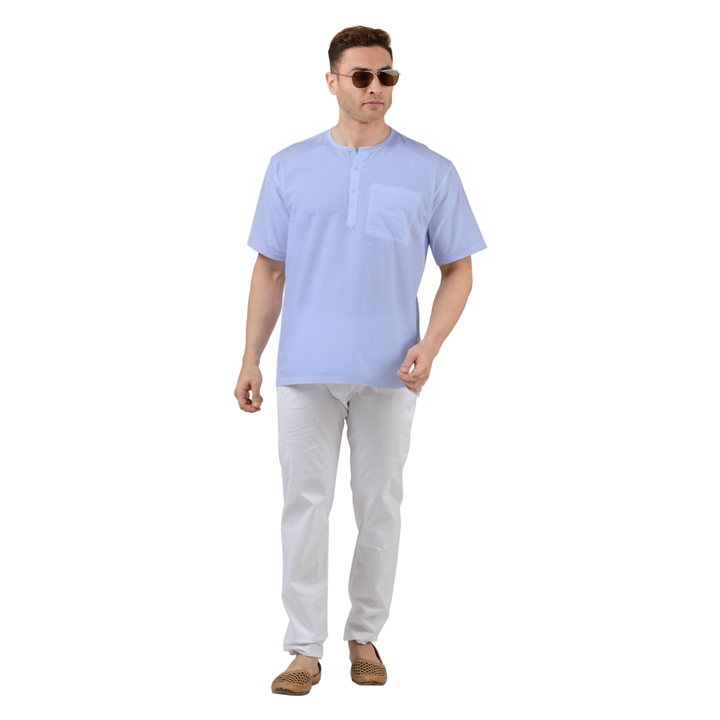 Full outfit featuring Maharaja Blue Kurta - Cotton Short Fit paired with white pants and loafers for a casual ethnic look.
