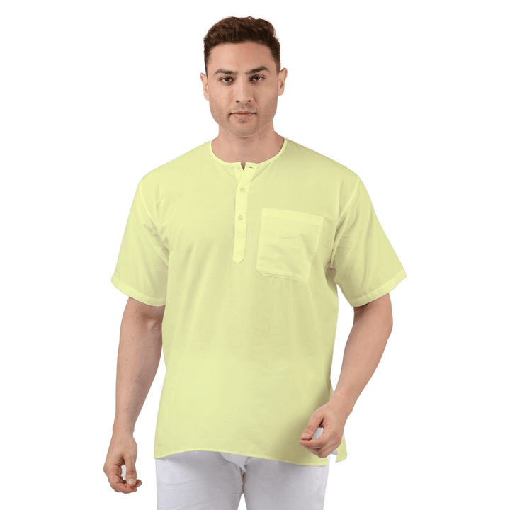 Yellow Cotton Kurta - Maharaja Comfort with short sleeves and front pocket, ideal breathable summer wear for men in traditional style.