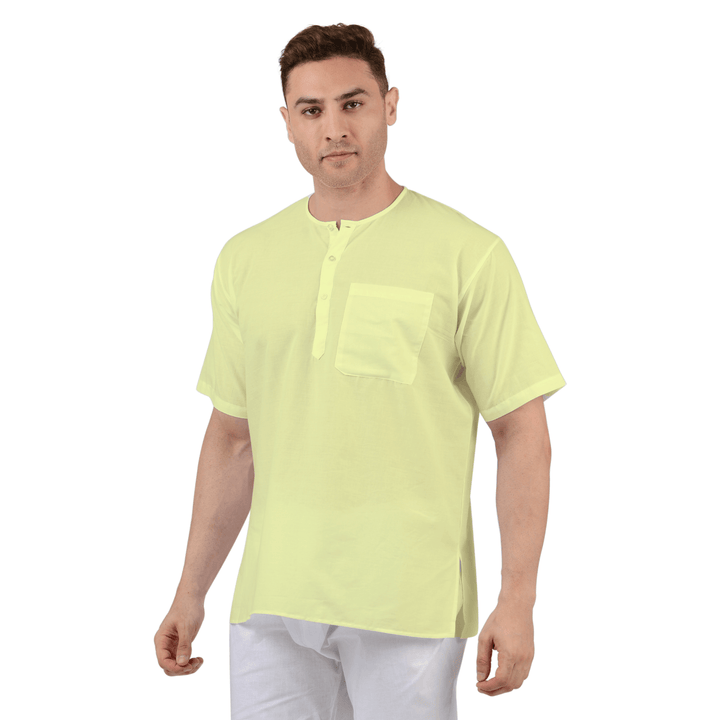 Yellow Cotton Kurta - Maharaja Comfort with short sleeves and chest pocket, ideal breathable summer wear for men in traditional style.