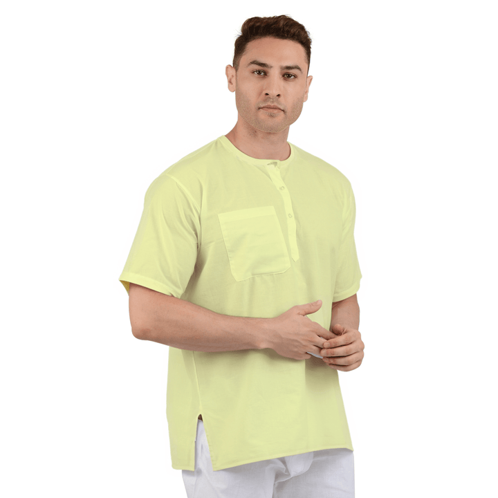 Yellow Cotton Kurta - Maharaja Comfort in breathable pure cotton with short sleeves and front pocket, ideal for summer traditional wear.