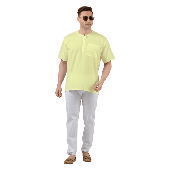 Yellow Cotton Kurta - Maharaja Comfort in breathable pure cotton with short sleeves and front pocket, ideal for summer traditional wear.