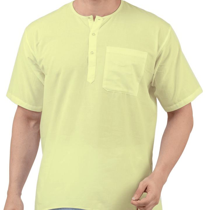 Yellow Cotton Kurta - Maharaja Comfort with short sleeves and front pocket, ideal for breathable summer style in traditional wear.