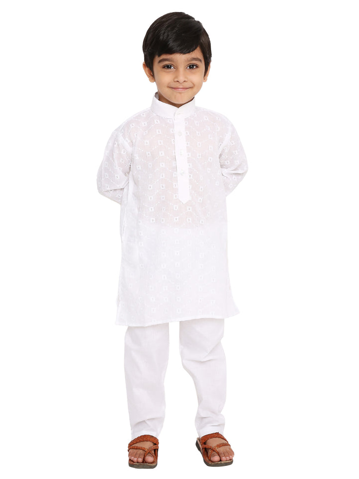 Maharaja Kids Kurta Set - Cotton Kurta Pyjama in white with self design, perfect traditional wear for boys. Comfortable and breathable cotton fabric.