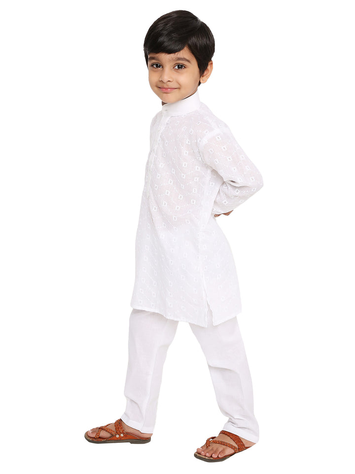 Angled back view of Maharaja Kids Kurta Set - Cotton Kurta Pyjama, highlighting the traditional cut and detailed self design on pure cotton fabric.