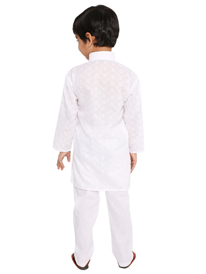 Rear view of Maharaja Kids Kurta Set - Cotton Kurta Pyjama in white, featuring full sleeves and breathable cotton for all-day comfort.