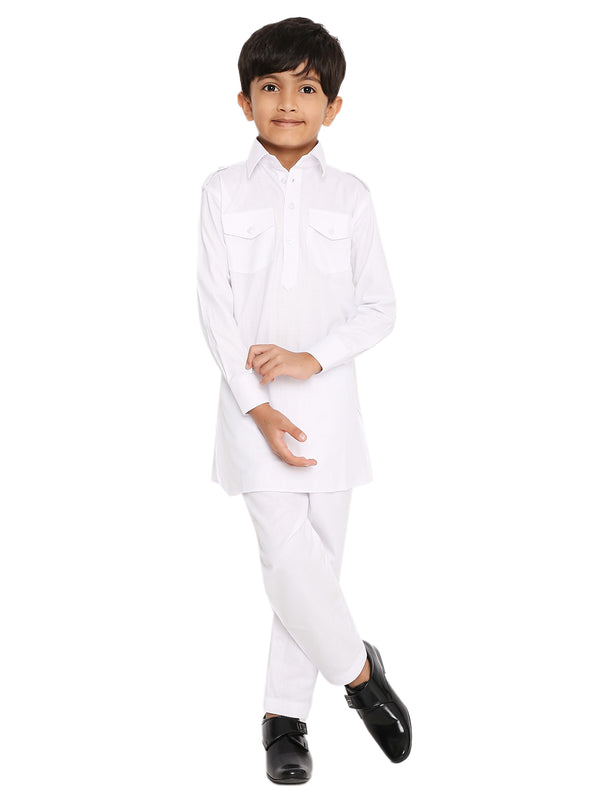 Maharaja Poly Cotton Pathani Set in White for Boys [MSKKP039]