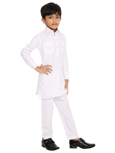 Maharaja Poly Cotton Pathani Set in White for Boys [MSKKP039]