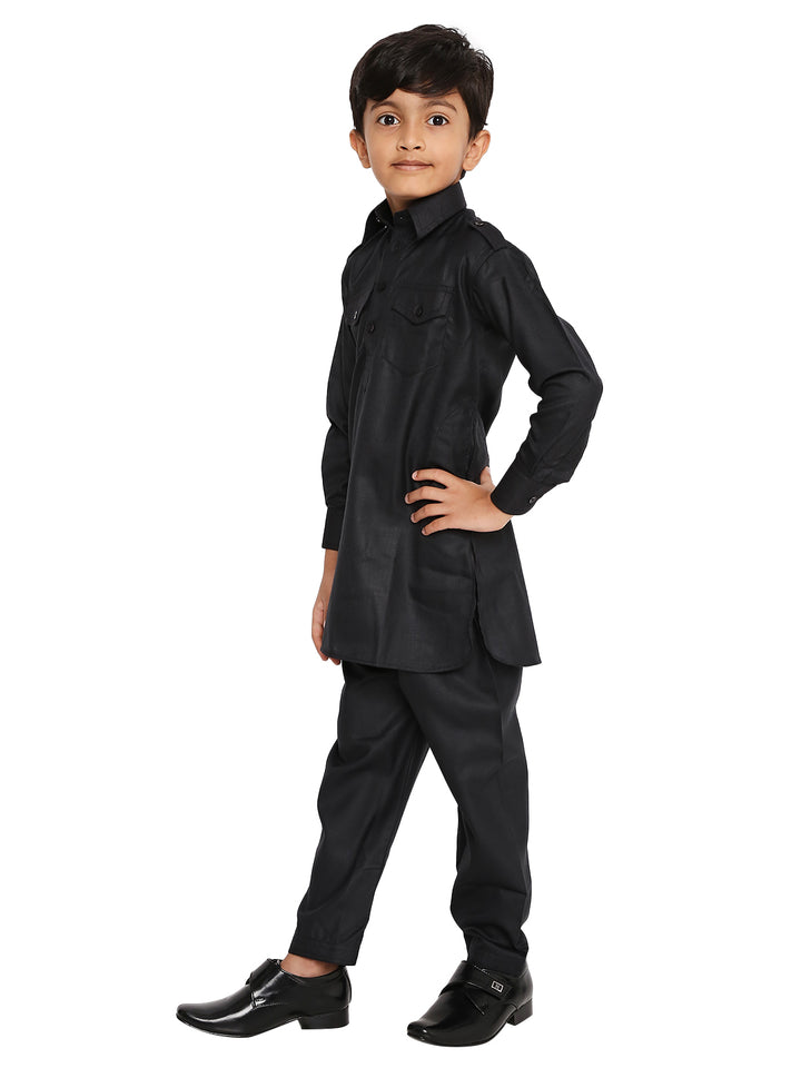 Side view of boys black kurta pyjama set with tailored fit and classic collar, ideal for festive and ceremonial wear.