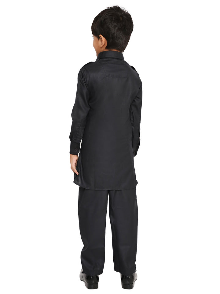 Back view of wrinkle-free boys black Pathani set showcasing clean stitching and comfortable fit for all-day wear.