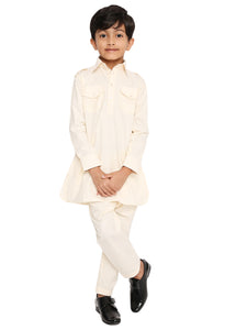 Maharaja Poly Cotton Pathani Set in Beige for Boys [MSKKP041]