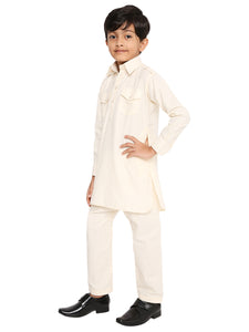 Maharaja Poly Cotton Pathani Set in Beige for Boys [MSKKP041]
