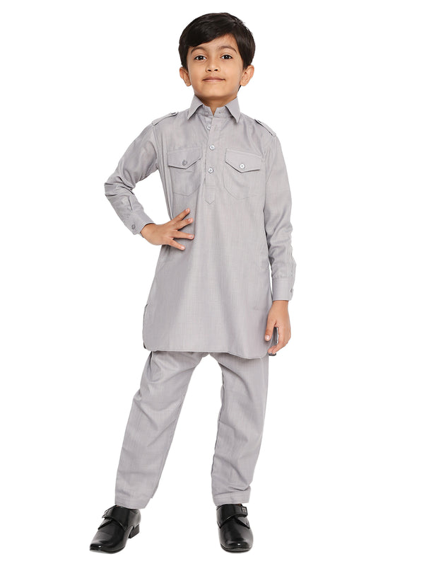 Maharaja Poly Cotton Pathani Set in Grey for Boys [MSKKP042]