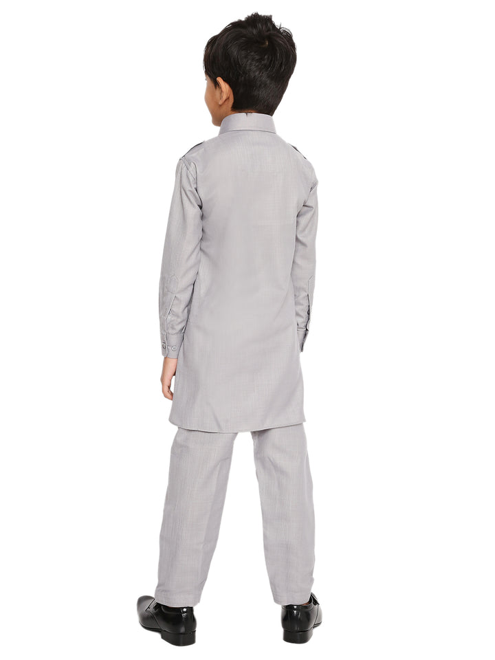 Back view of Grey Pathani Set for Kids - Kurta Pyjama Set showing straight-cut design and comfortable fit, perfect for traditional occasions.