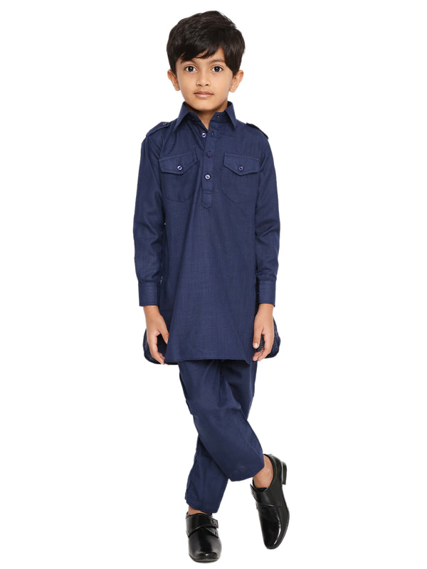 Maharaja Poly Cotton Pathani Set in Blue for Boys [MSKKP043]