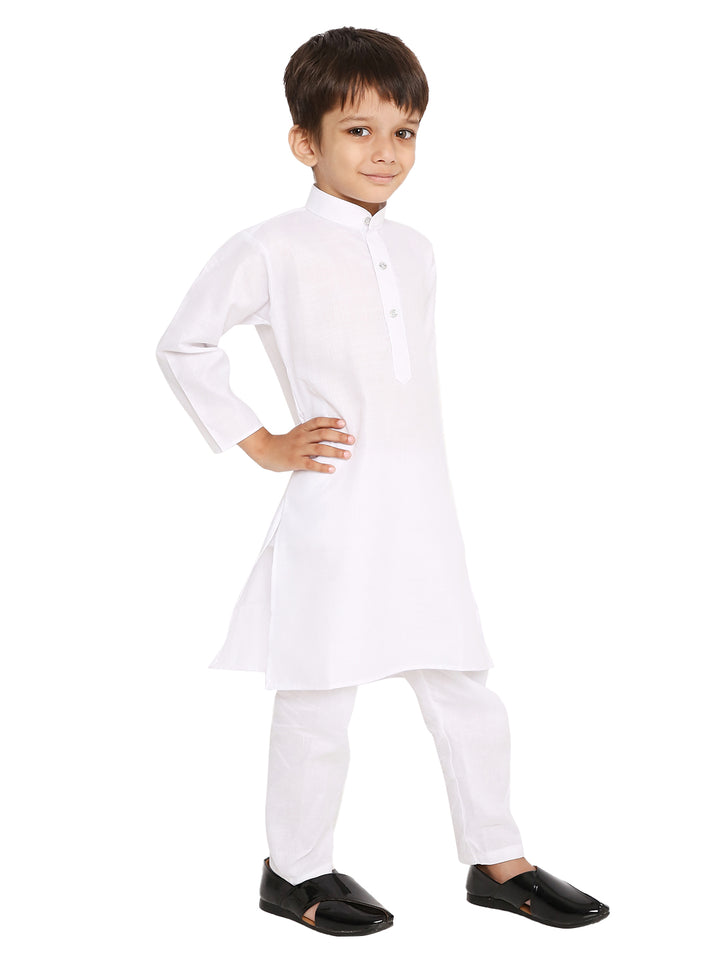 White Cotton Blend Kurta set for boys, shown in side pose to highlight the breathable fabric and traditional design, ideal for festive wear.