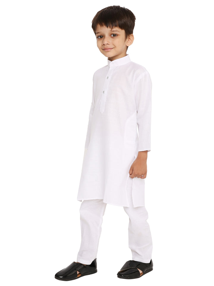 Versatile & Classic Kids Kurta Pyjama Set in white cotton blend, front angled view showcasing elegant tailoring and comfort fit.