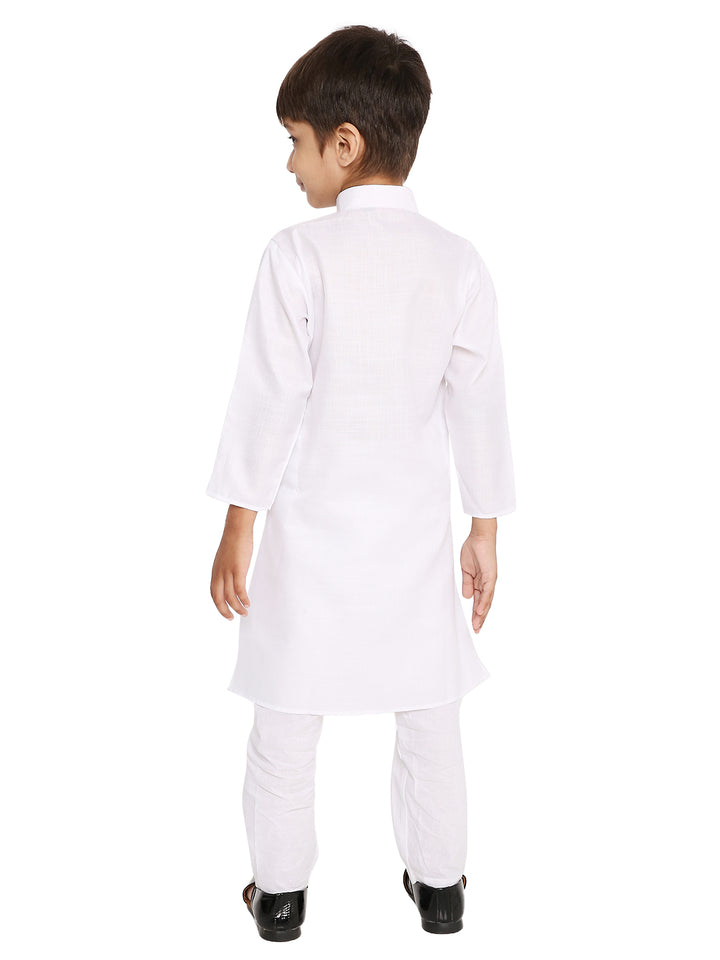 Back view of Boys White Cotton Blend Kurta Set, displaying the clean finish and relaxed fit perfect for traditional occasions.