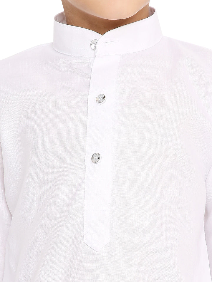Close-up of Kids White Kurta's button placket and mandarin collar, highlighting fine stitching and breathable cotton blend fabric.
