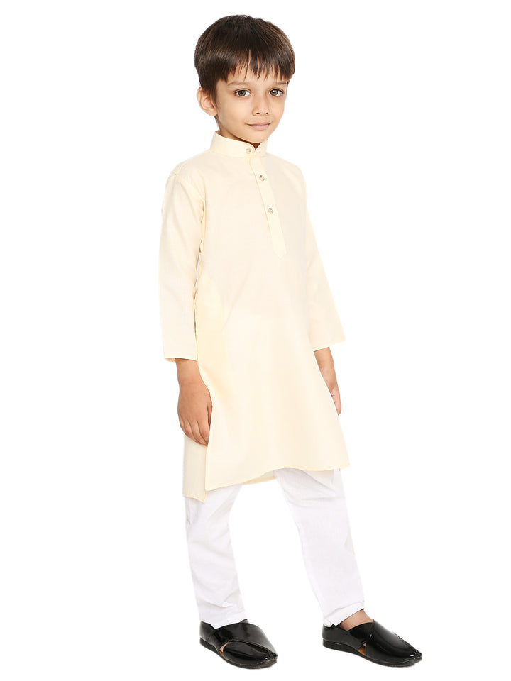 Off-White Cotton Blend Kurta for boys with mandarin collar and button placket, part of a Kids Traditional Kurta Pyjama Set.