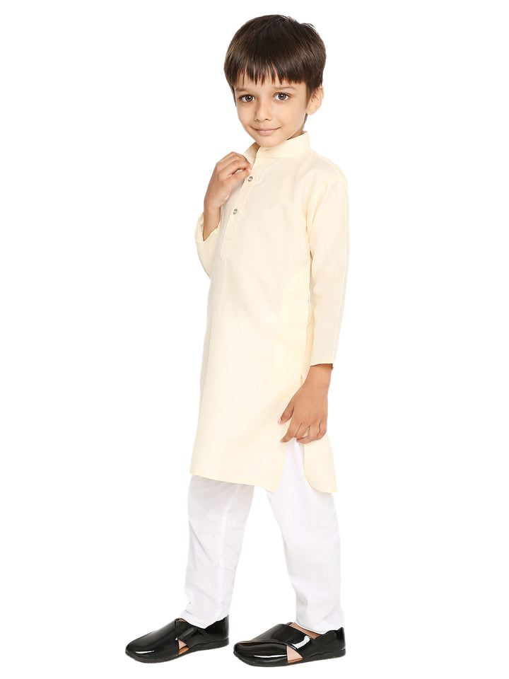Versatile Kids Cotton Kurta Set with long sleeves and side slits, ideal for festive and ceremonial occasions.
