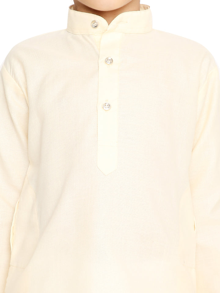 Close-up of the Kids Cotton Kurta Set highlighting the textured fabric, button detailing, and fine stitching on the front placket.