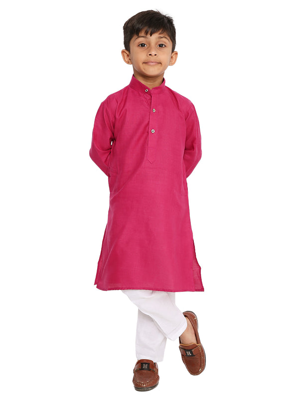 Dark Pink Kurta - Boys Cotton Kurta Pyjama Set featuring a young boy in a front pose wearing a dark pink kurta with white pyjama. Ideal for festive wear.