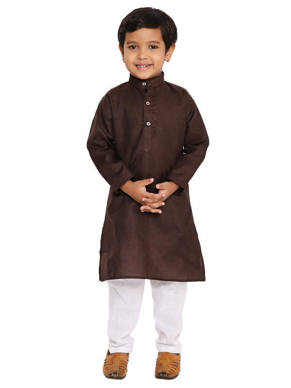 Brown cotton kurta set for boys with white pajama, ideal for festive kids wear. Features a mandarin collar and button placket for traditional style.