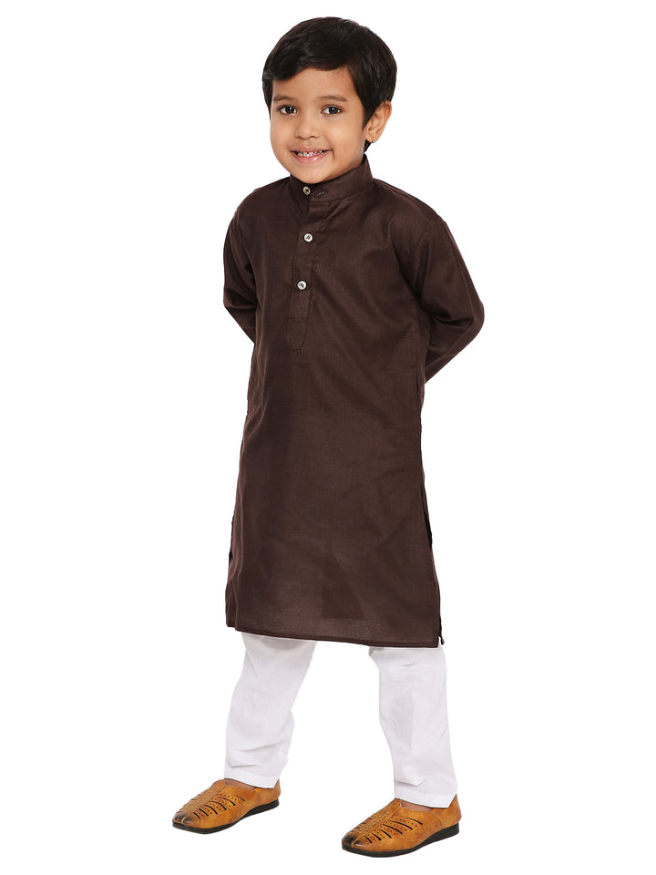 Versatile brown cotton kurta set for boys paired with white pajama. Traditional kids outfit designed for comfort and festive occasions.
