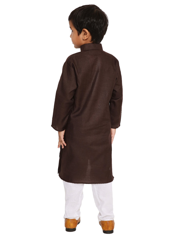 Back view of boys brown cotton kurta set with white pajama. Showcases the kurta's straight cut and breathable cotton blend fabric.