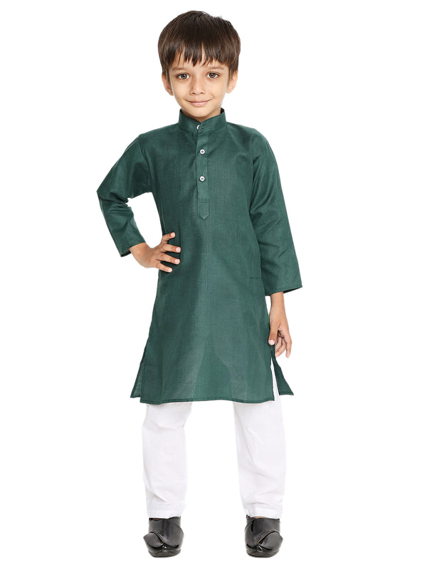 Dark Green Kids Kurta Set - Cotton Blend with white pajama, front view showcasing traditional design and perfect festive wear for boys.