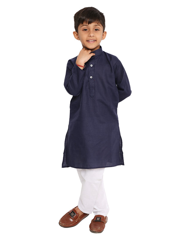 Maharaja Kids Kurta Pyjama Set in dark blue cotton blend with white pyjama, ideal for festive and traditional wear, shown on young boy.