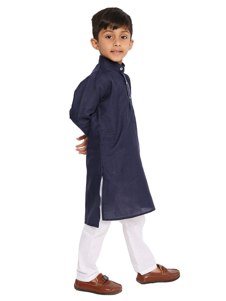 Side view of dark blue cotton blend Maharaja Boys Kurta Set paired with white pyjama, showcasing breathable fabric and elegant fit.