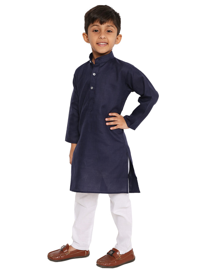 Front pose of boy wearing Maharaja Kids Kurta Pyjama Set in dark blue cotton blend, perfect for ceremonies and cultural events.