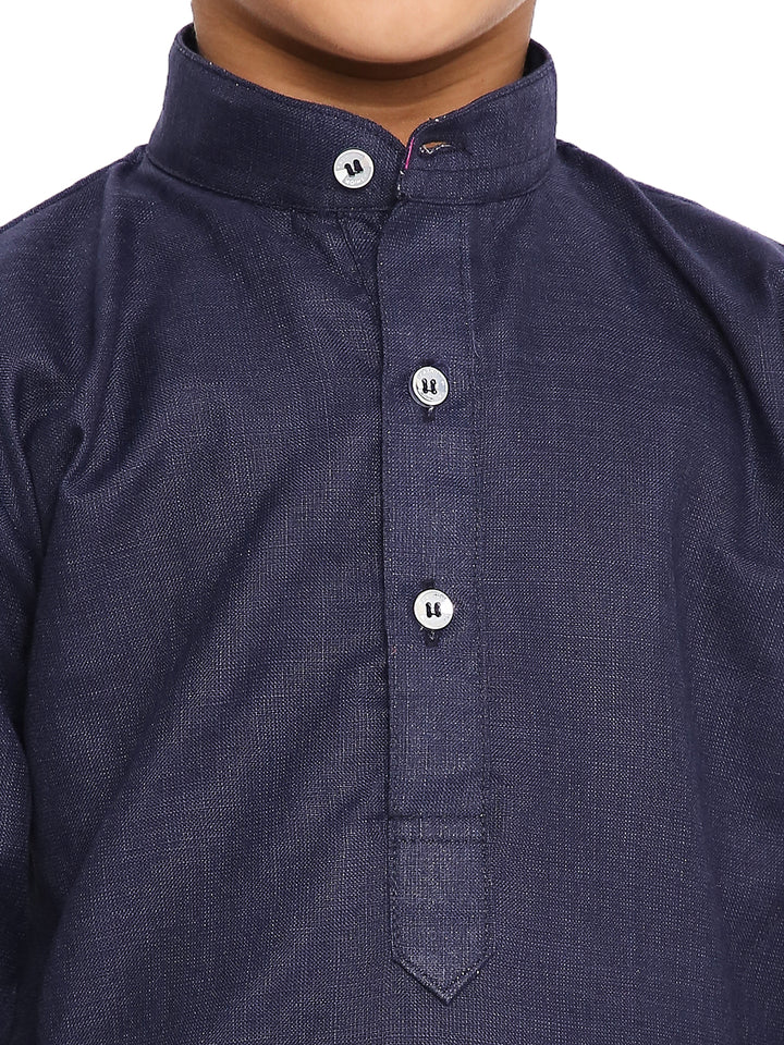 Close-up of collar and button placket on dark blue Maharaja Kids Cotton Kurta, showcasing fine stitching and breathable cotton blend.