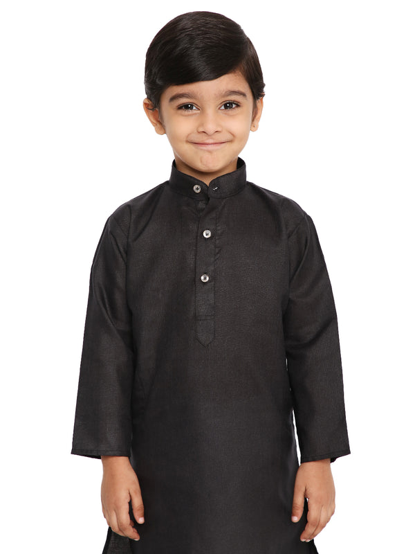 Front view of Black Cotton Kurta for boys, part of the Kids Cotton Kurta Pyjama Set by Maharaja, ideal for festive and traditional wear.