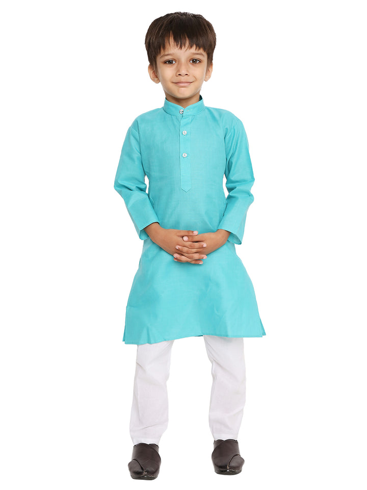 Teal Green Kids Kurta - Cotton Pyjama Set featuring a classic straight-cut kurta with white pyjamas, ideal for festive and traditional wear.