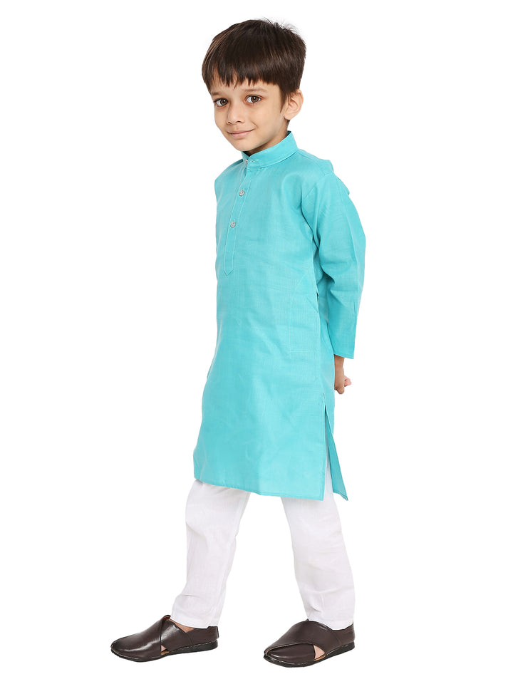 Teal Green Kids Kurta Set in cotton blend shown from a side angle, highlighting the kurta's length and breathable fabric for all-day comfort.
