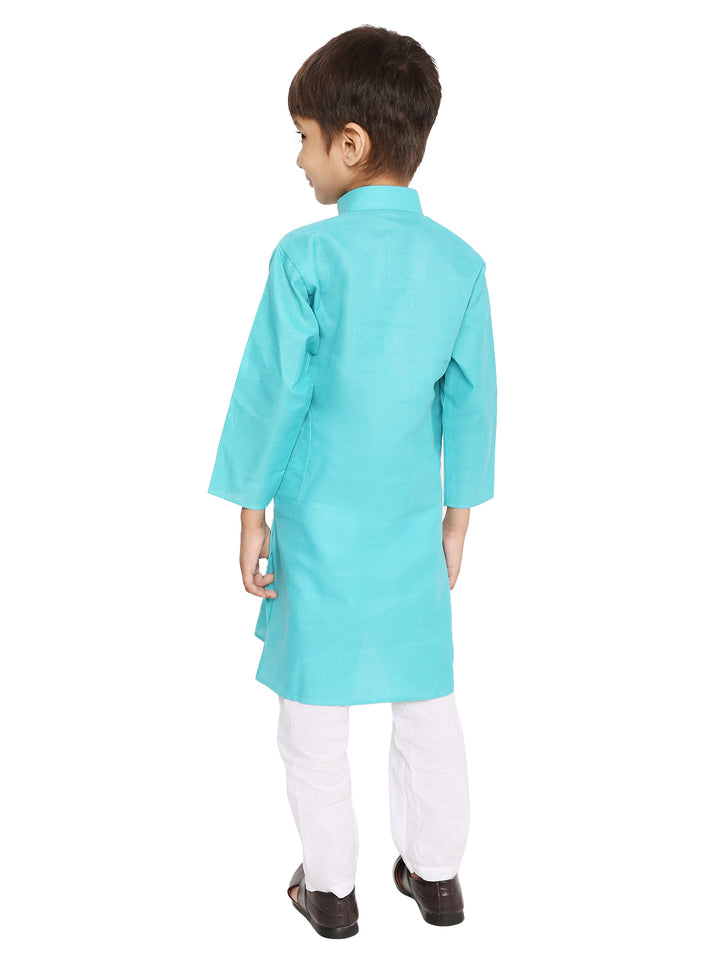 Back view of Teal Green Cotton Blend Kurta with white pyjamas, emphasizing the kurta's clean stitching and traditional silhouette.