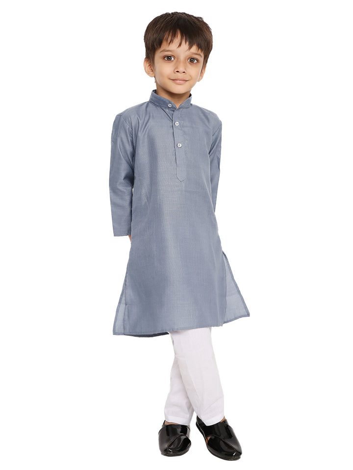Kids Grey Kurta Set - Cotton Blend Pyjama featuring a boy in a straight-cut grey kurta and white pyjama, ideal for festive and traditional wear.
