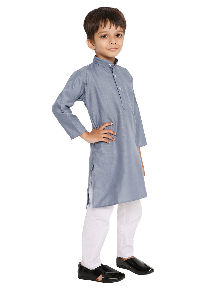 Boys Grey Cotton Blend Kurta Set with white pyjama, showcasing side view of traditional attire perfect for ceremonies and cultural events.