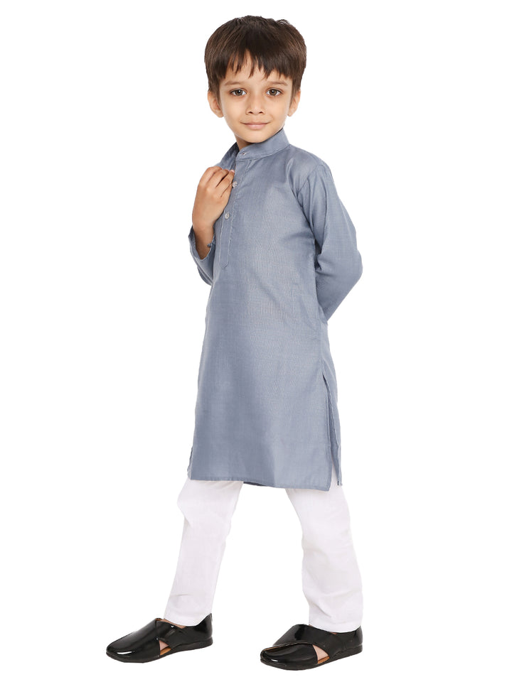 Kids Grey Kurta Set - Cotton Blend Pyjama styled with a mandarin collar and front buttons, offering timeless comfort and elegance.