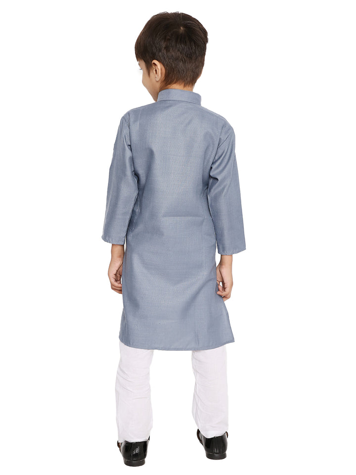 Back view of Boys Grey Cotton Blend Kurta Set with white pyjama, highlighting the smooth finish and tailored fit for traditional occasions.